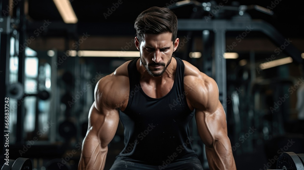 Focused weightlifter in a gym, dripping with sweat, showcasing determination and strength. The individual stands out amidst the intense workout session, surrounded by gym equipment and a supportive f Focused weightlifter in a gym, dripping with sweat, showcasing determination and strength. The individual stands out amidst the intense workout session, surrounded by gym equipment and a supportive f