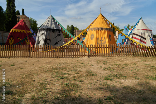 Medieval military canvas camp on an historical reenactment of a classical battle