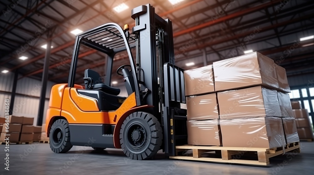 Forklift loader with cardboard boxes in warehouse. 3d rendering