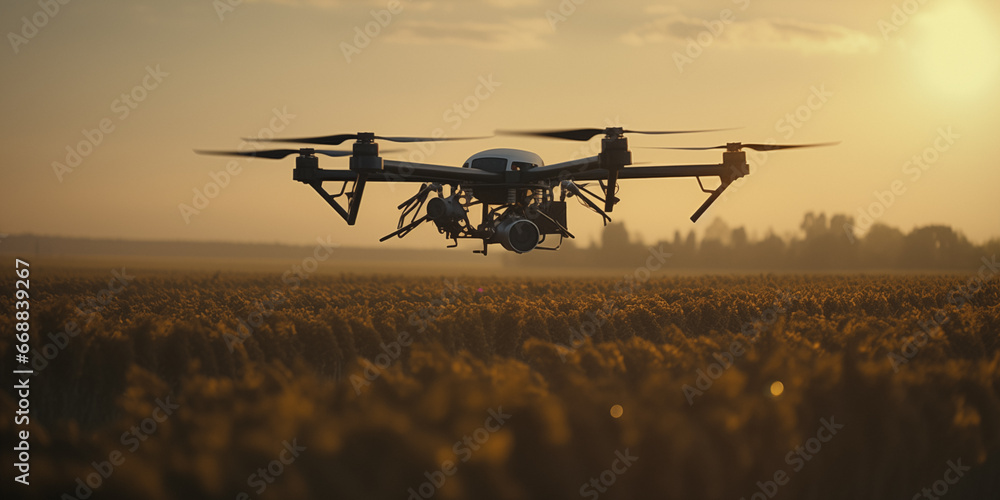 Drone flying over field agriculture - obrazy, fototapety, plakaty 