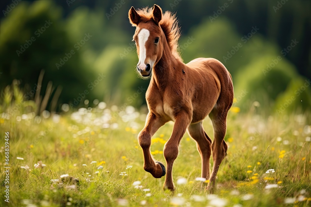  a foal running through a field of grass and wildflowers with a blurry background of the grass and wildflowers, and trees in the foreground.  generative ai - obrazy, fototapety, plakaty 
