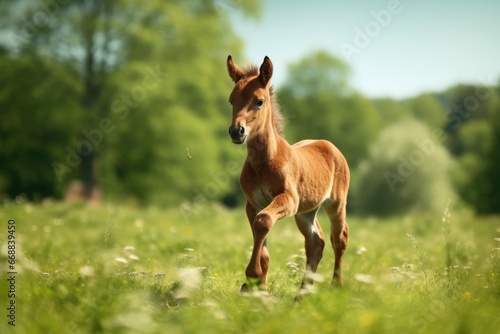  a foal running through a field of tall grass with trees in the backgrounge of the field in the backgrounge, with a blurry sky in the background. generative ai