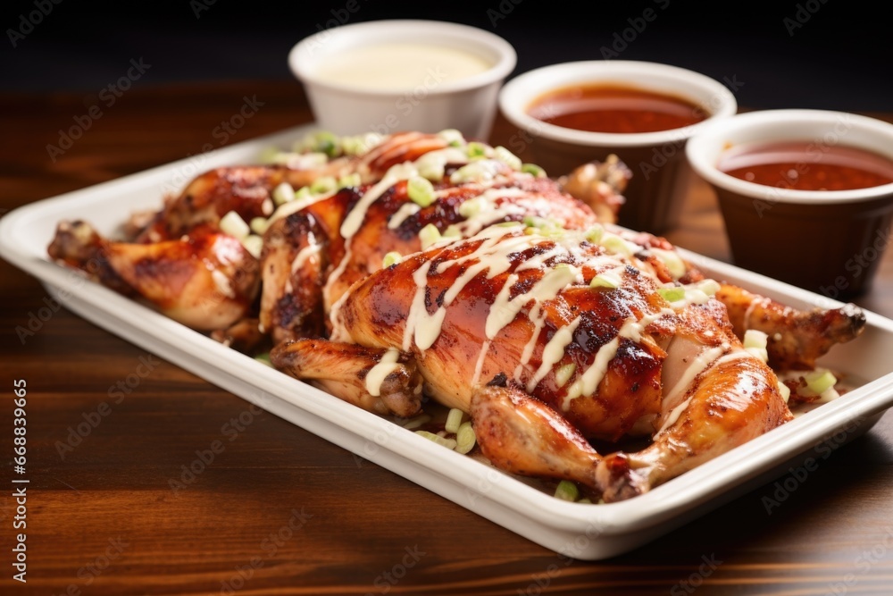 alabama chicken in a serving plate with white bbq sauce drizzle