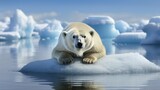 Melting ice caps reveal a lone polar bear on a diminishing ice floe, highlighting the vulnerability and potential loss of Arctic habitat. Urgency for climate action and conservation