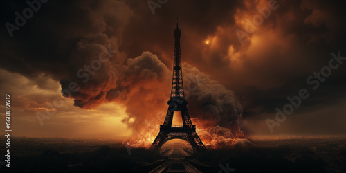 Eifel tower paris burning droneview.