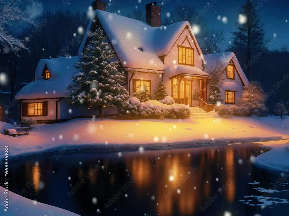 Christmas Cabin snowing by the lake Christmas Cabin snowing by the lake