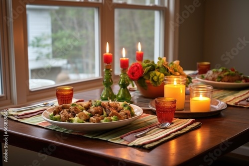 dining table set with alabama chicken plate and candles