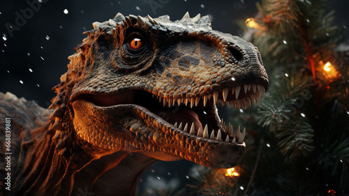 close up of a head of a trex with christmas tree blured background