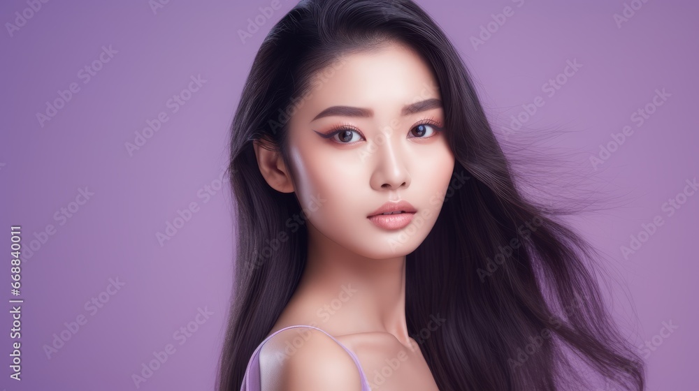 Radiant Young Asian Woman Portrait: Perfect Smooth Skin on Pastel Purple Background - Exquisite Beauty in Focus Radiant Young Asian Woman Portrait: Perfect Smooth Skin on Pastel Purple Background - Exquisite Beauty in Focus