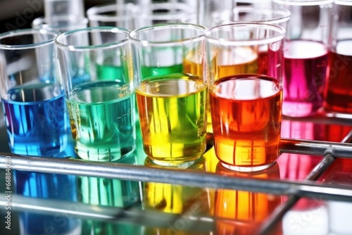 close-up of laboratory glassware filled with colorful liquids