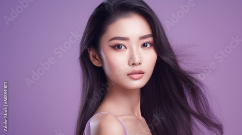 Radiant Young Asian Woman Portrait: Perfect Smooth Skin on Pastel Purple Background - Exquisite Beauty in Focus