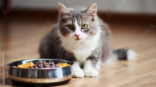 Cute cat eating dry food from bowl. Selective focus.