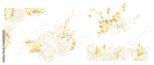 Golden cross and flowers, vector illustration, linear floral border and cross, communion invitation with golden details and a cross on top, Easter holiday, for baptism, first communion, bible phrase