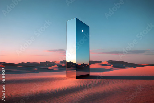 Glass Door in desert at sunset. 3D render. Conceptual image.