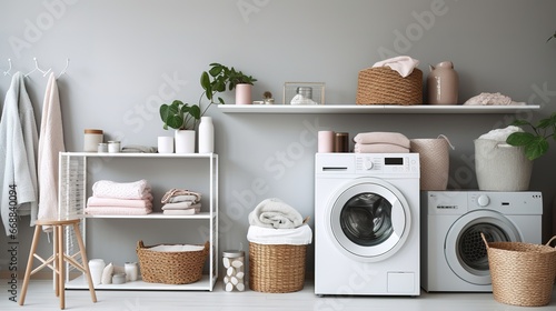 Laundry room interior with washing machine, towels and wicker baskets
