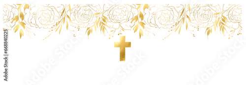Golden cross and flowers, vector illustration, linear floral border and cross, communion invitation with golden details and a cross on top, Easter holiday, for baptism, first communion, bible phrase