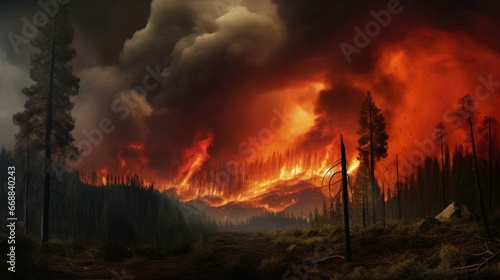 Fiery inferno engulfs vast forested area  with multiple fires burning tree to tree. Dark cloud billows upwards as smoke fills the sharp-focused panoramic view
