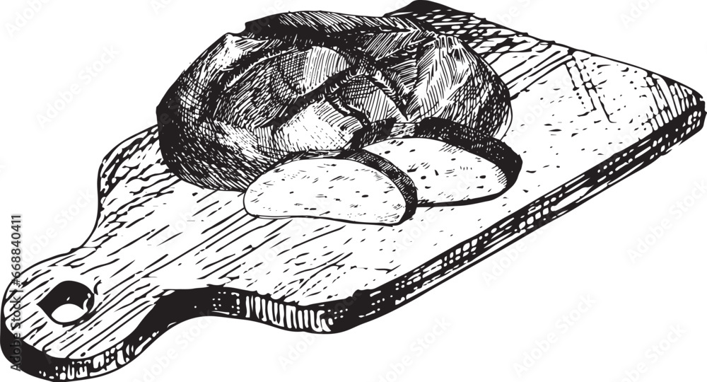 Obraz premium Vector graphic illustration of bread with sliced pieces on wooden cutting board. Black and white sketch on a white background. Suitable for logo, bakery design, wrapping paper