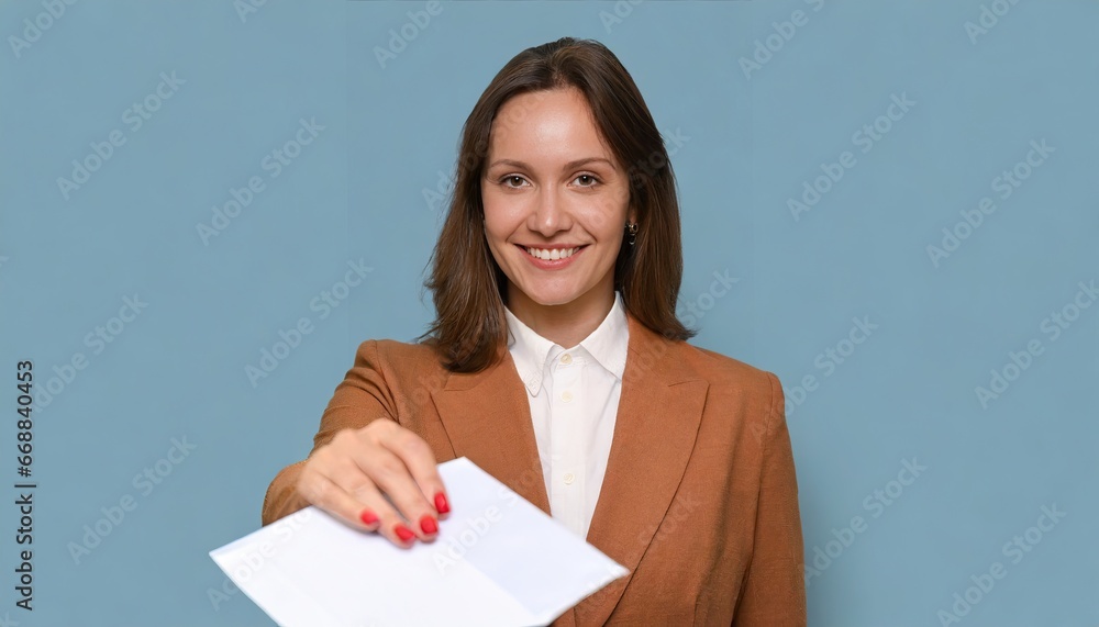 A young woman holding a white envelope, a blue color background. Generative AI A young woman holding a white envelope, a blue color background. Generative AI