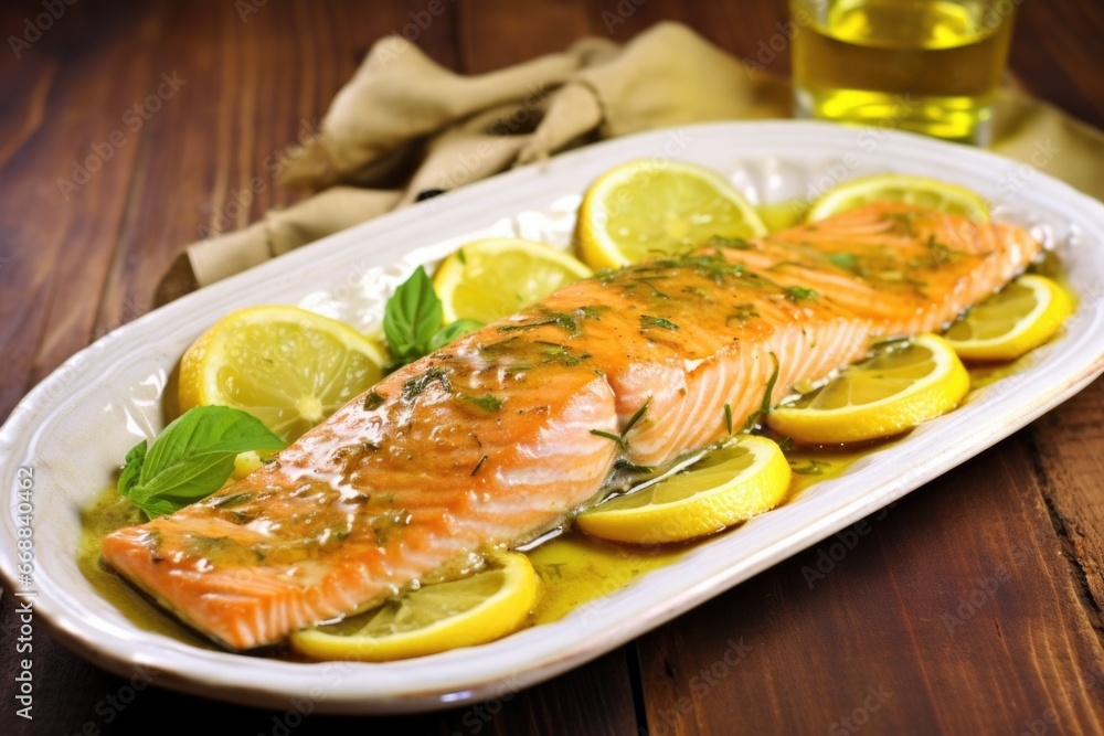 freshly cooked salmon slathered in shiny apple cider glaze freshly cooked salmon slathered in shiny apple cider glaze