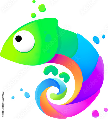 drawing of a bright little cartoon chameleon on a white background
