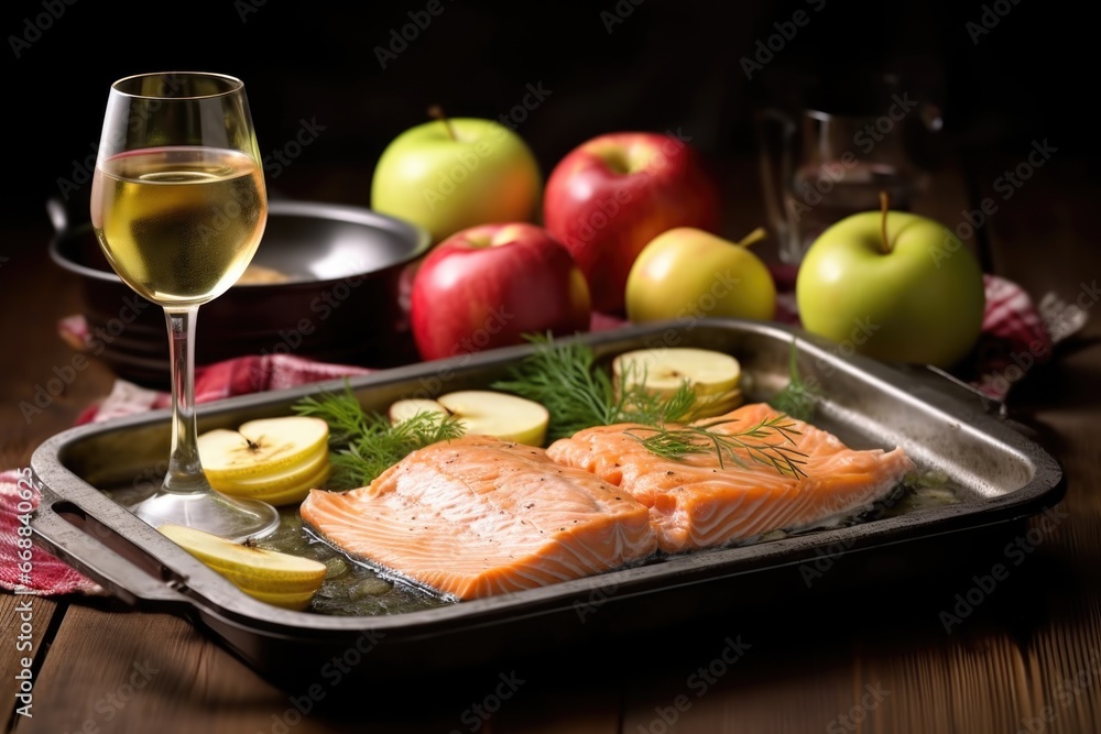 grilled salmon fillet, glass of apple cider, fresh apple in pan view