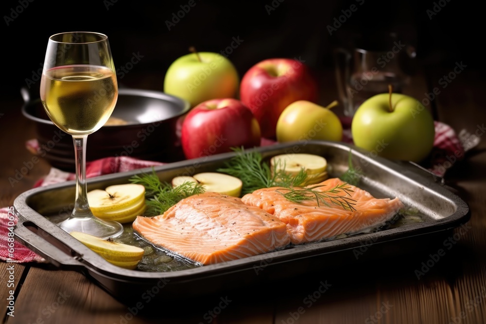 grilled salmon fillet, glass of apple cider, fresh apple in pan view grilled salmon fillet, glass of apple cider, fresh apple in pan view