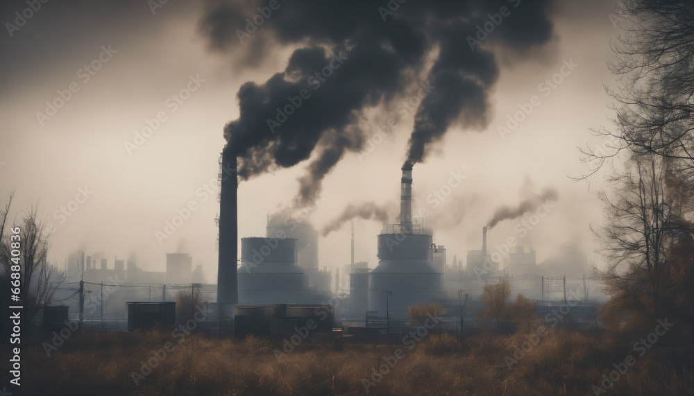 oil power plant with smoke and dirty air-pollution, landscape covered in thick smog