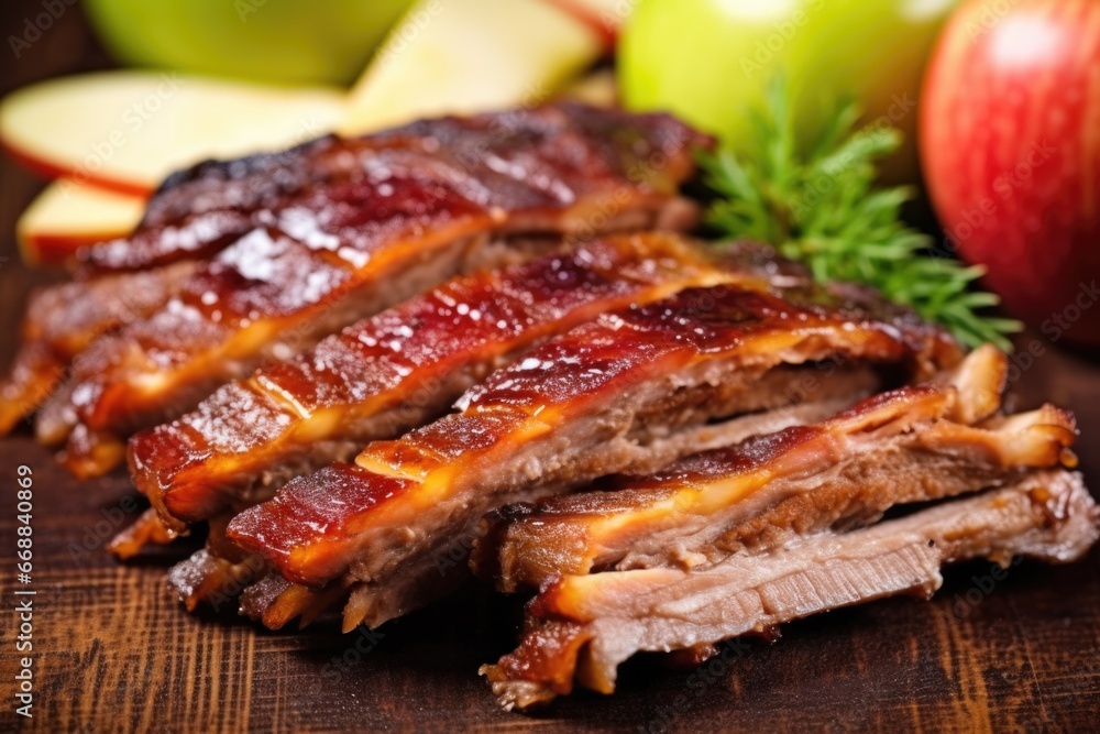 close-up of glazed ribs with apple smoke