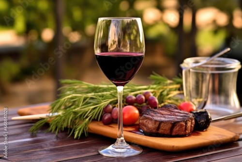 red wine glass with mixed grilled meats in background