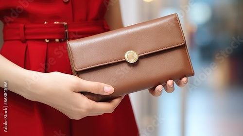 Woman holding a brown leather clutch in her hand. Close up.