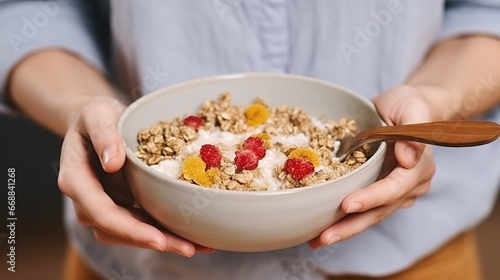 Woman holding bowl with tasty granola and fresh berries  closeup