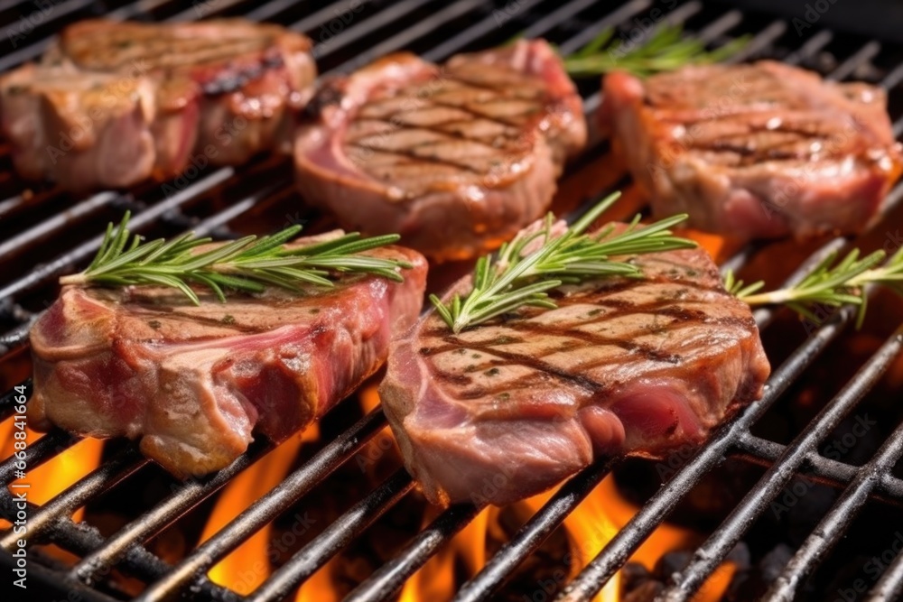 lamb chops on the grill, garnished with fresh rosemary