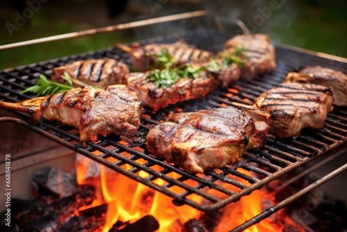 grilling lamb chops on an open-air  charcoal barbeque