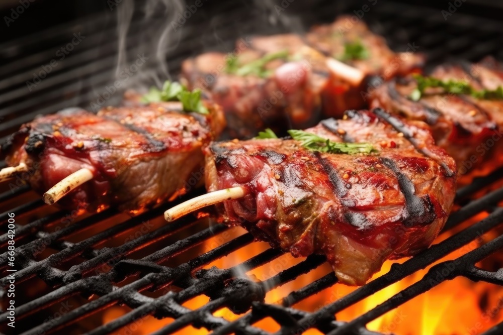 marinated lamb chops on a hot grill with smoke