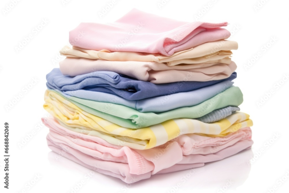 diagonal pile of pastel colored baby clothes on white background diagonal pile of pastel colored baby clothes on white background