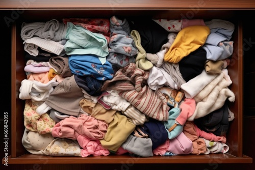 high angle view of a dresser filled with baby clothes folded neatly