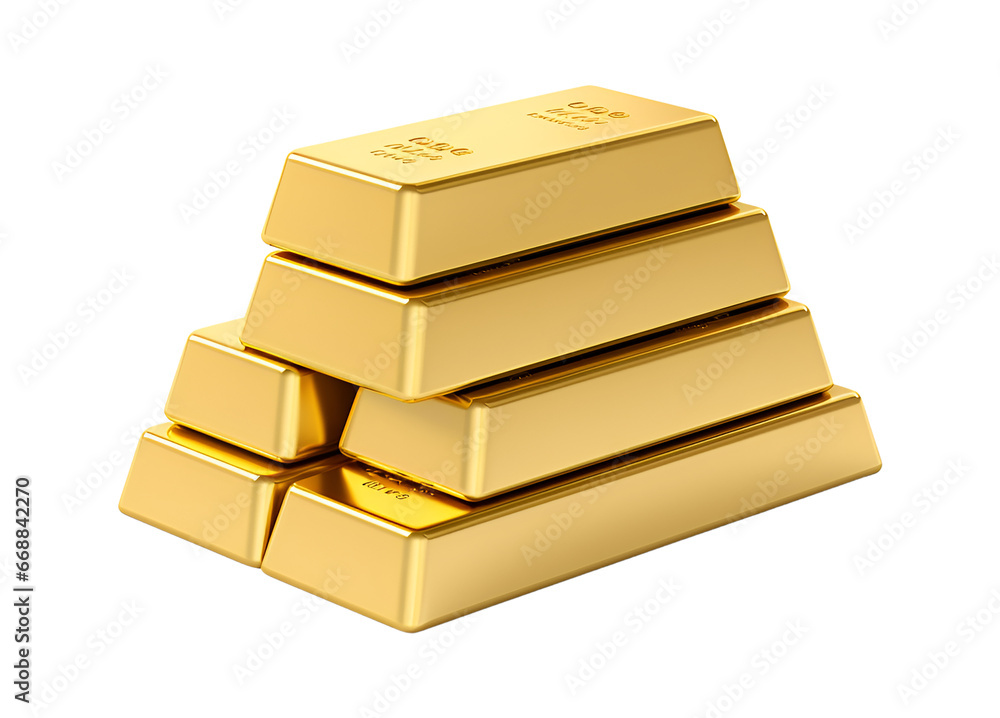 Gold bar stack isolated on a transparent background, Gold bullion stack, Set of gold bars. Generative AI