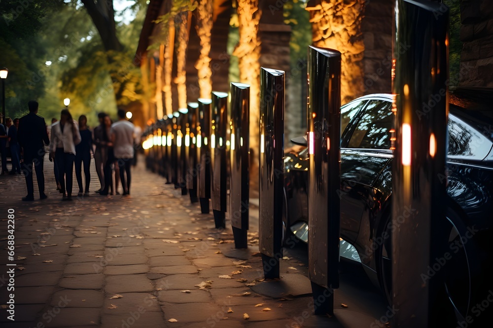 Electric Evening: Urbanites Gather Amidst the Glow of Car Chargers