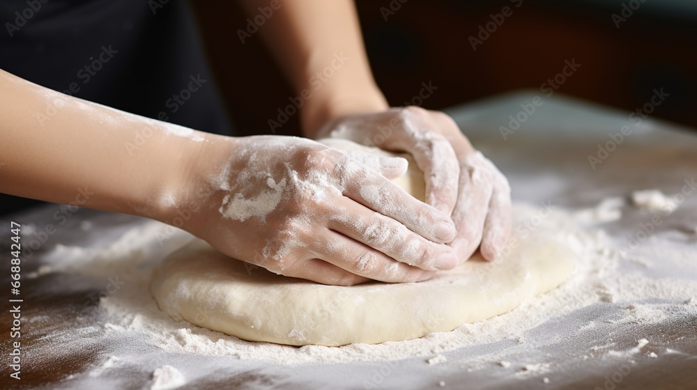 Female hands kneading dough on the table, close-up