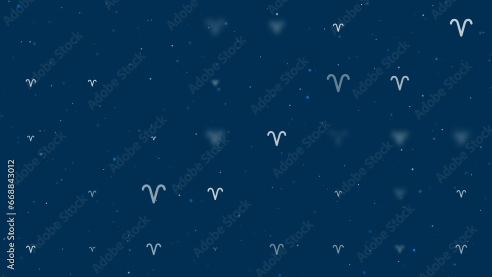 Template animation of evenly spaced zodiac aries symbols of different sizes and opacity. Animation of transparency and size. Seamless looped 4k animation on dark blue background with stars Template animation of evenly spaced zodiac aries symbols of different sizes and opacity. Animation of transparency and size. Seamless looped 4k animation on dark blue background with stars
