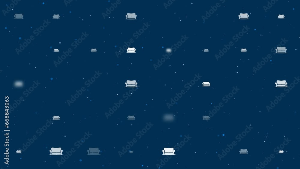 Template animation of evenly spaced sofa symbols of different sizes and opacity. Animation of transparency and size. Seamless looped 4k animation on dark blue background with stars Template animation of evenly spaced sofa symbols of different sizes and opacity. Animation of transparency and size. Seamless looped 4k animation on dark blue background with stars