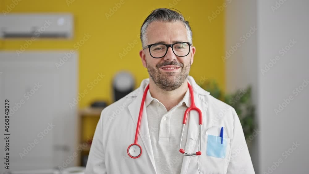 Grey-haired man doctor smiling confident saying no with head at the clinic Grey-haired man doctor smiling confident saying no with head at the clinic