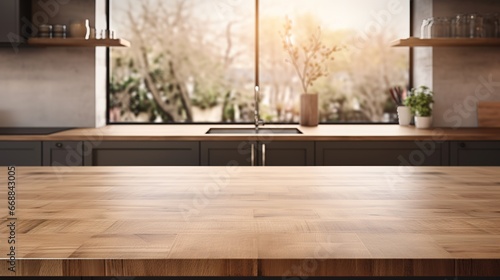Fototapeta Naklejka Na Ścianę i Meble -  Empty wooden table in modern kitchen interior. Mock up, 3D Rendering