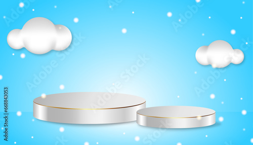 Winter podium with clouds and sparkles