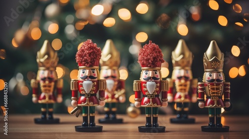  a group of nutcrackers sitting on top of a wooden table next to a christmas tree in front of a blurry background of a lit christmas tree.  generative ai © Natalja