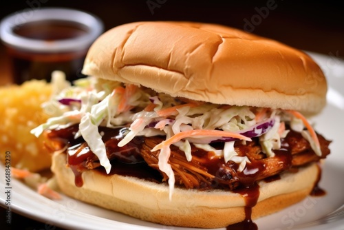 close-up of barbecue sandwich topped with coleslaw