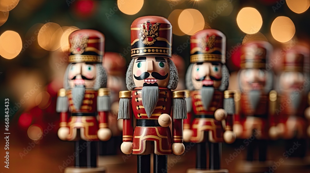 a group of wooden nutcrackers standing next to each other on a table