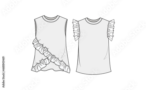Kids Girls Frill Detail Sleeveless Top Front and Back View. Fashion Illustration, Vector, CAD, Technical Drawing, Flat Drawing, Template, Mockup
