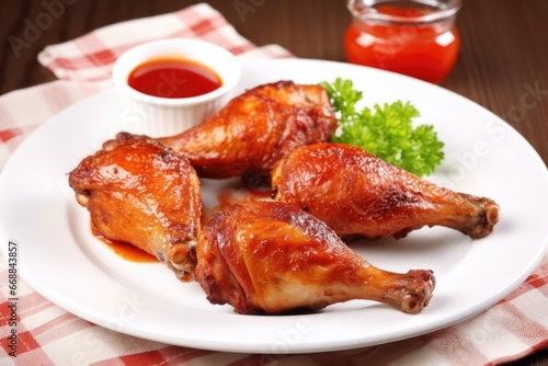 barbecued chicken drumsticks on a white plate